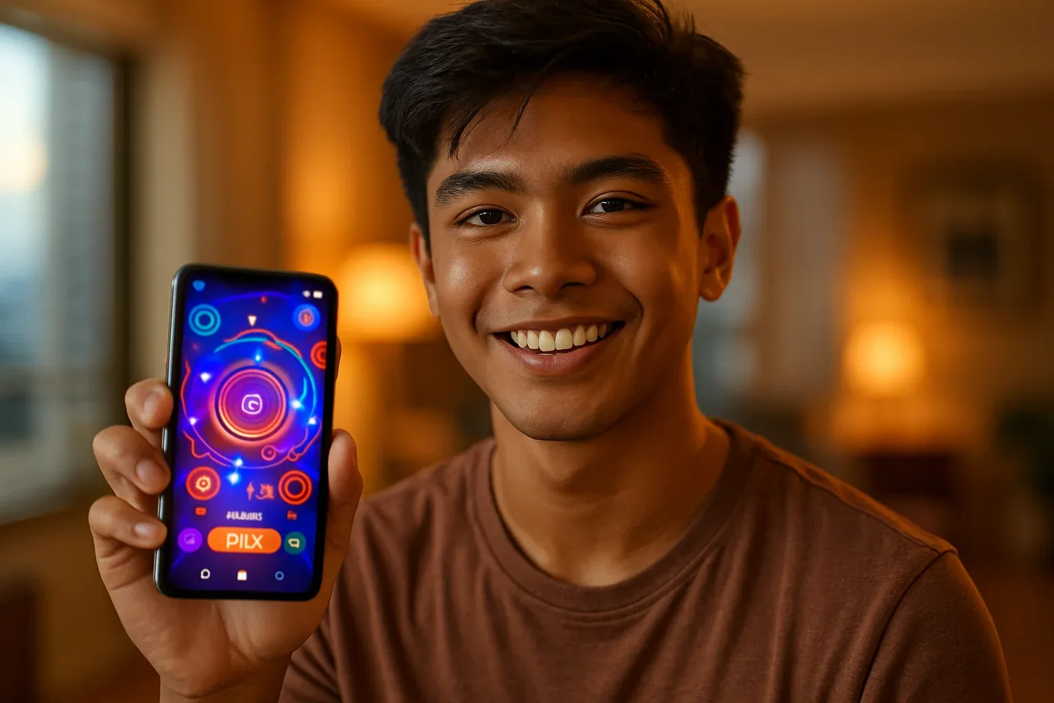 Smiling young Filipino man holding smartphone showing colorful glowing gaming app UI