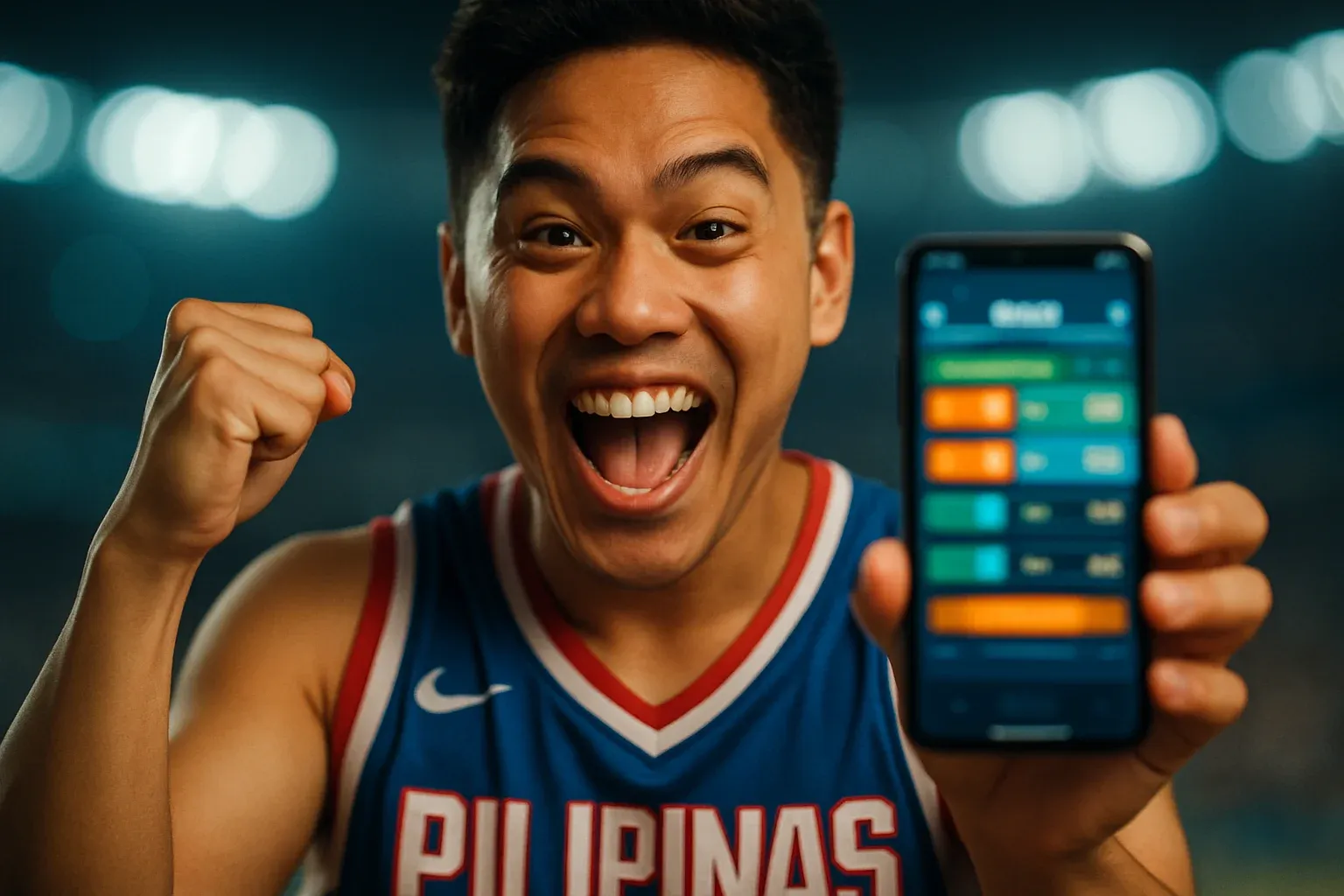 Excited young Filipino man cheering, holding smartphone with blurred sports betting interface
