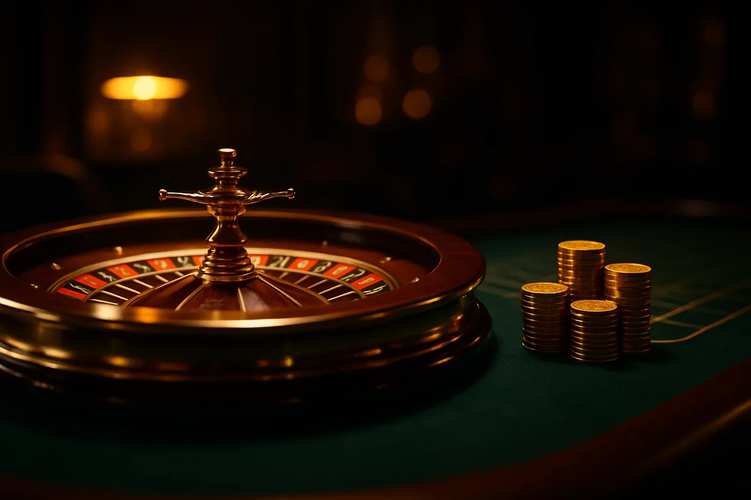 Hyperrealistic wide shot of live casino roulette table with golden chips