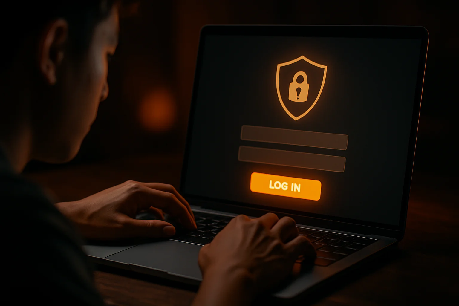 Young Filipino man using laptop with stylized sign-in form on screen