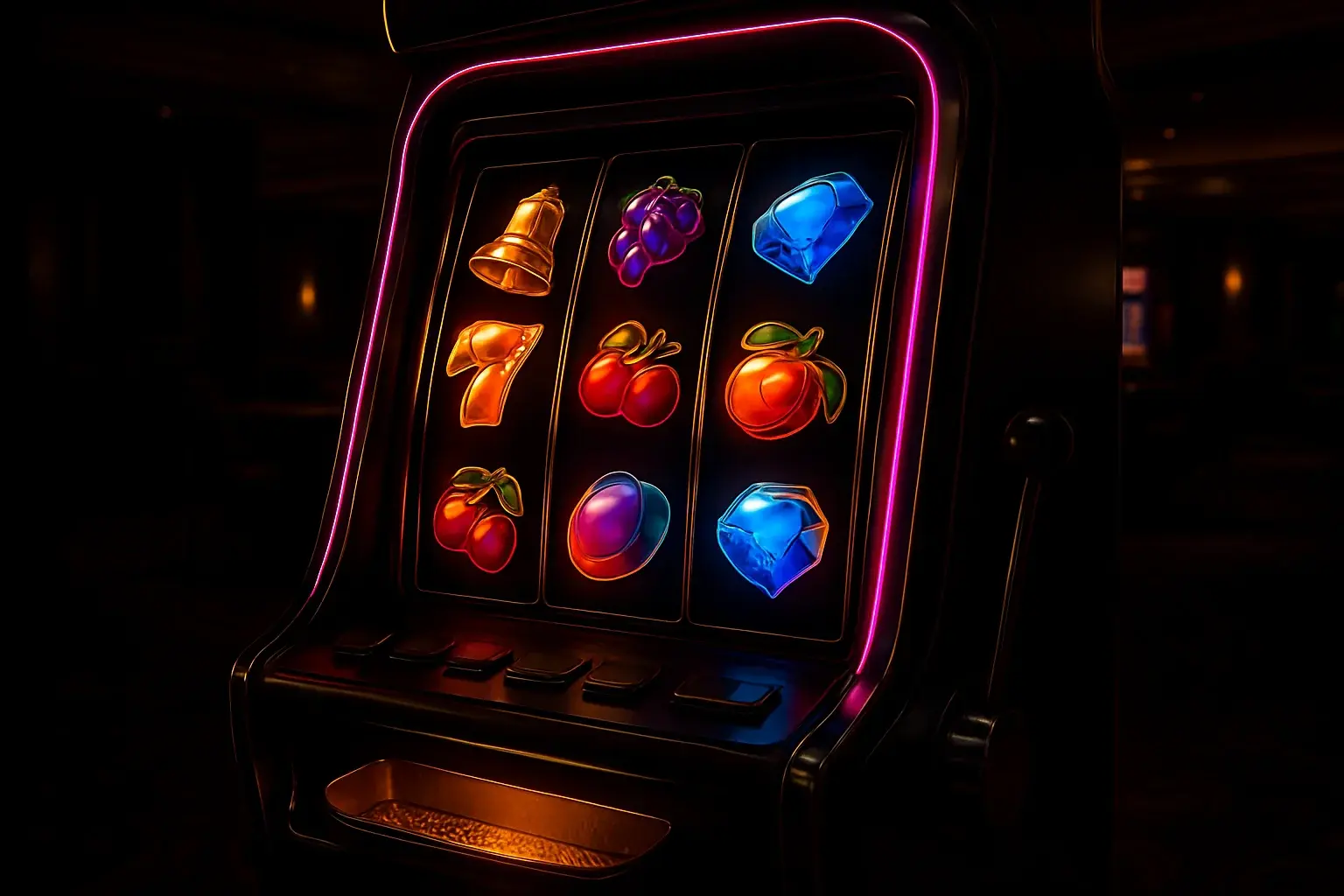 Hyperrealistic wide shot of premium slot machine in dark luxury casino